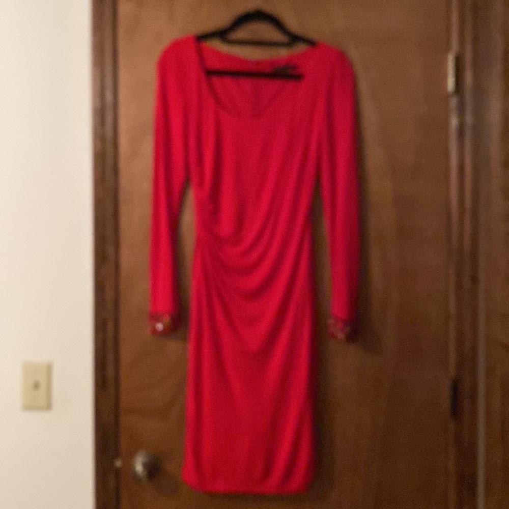 David Meister red beaded cuff scoop neck cocktail dress size 2